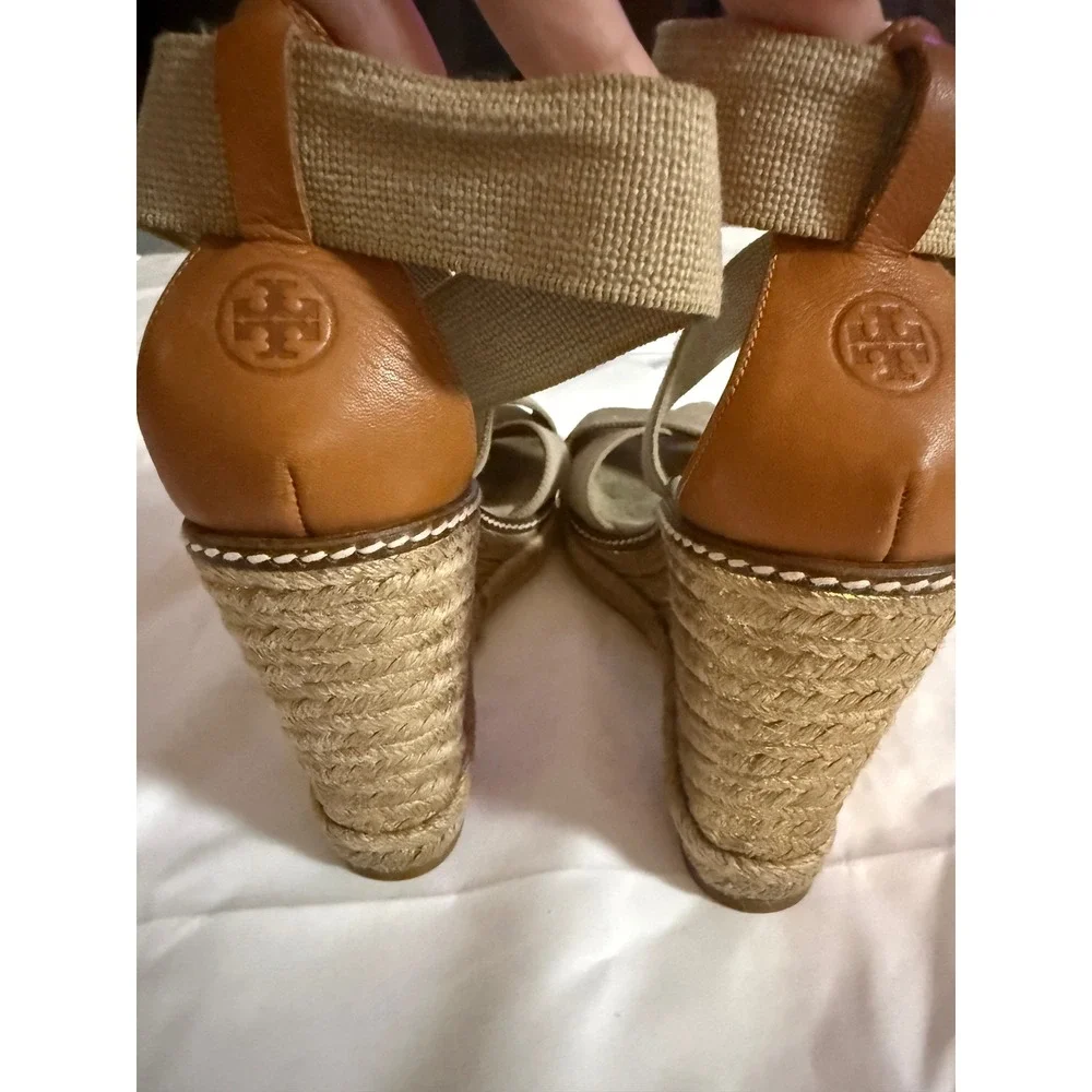 Tory Burch Frieda Espadrille Wedge Sandals Tan Canvas Leather Logo Womens 9